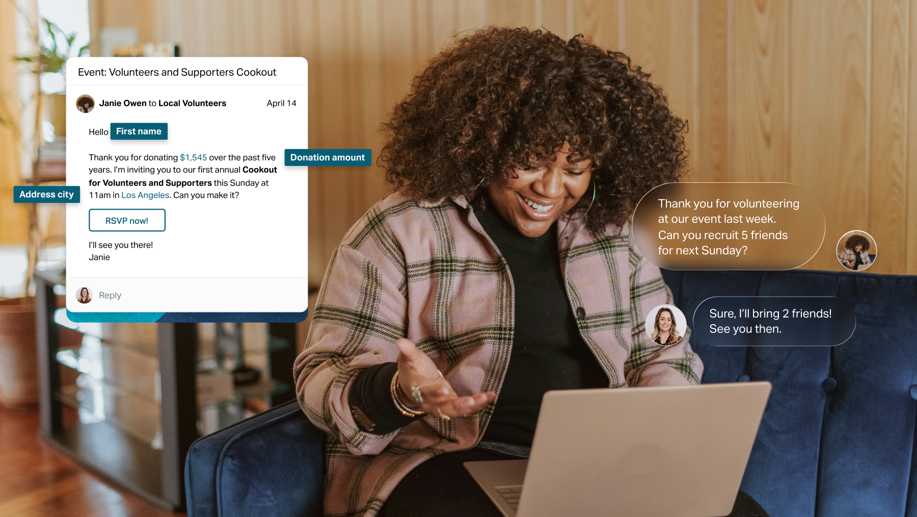 A woman customizes smart fields in an email from her laptop at home